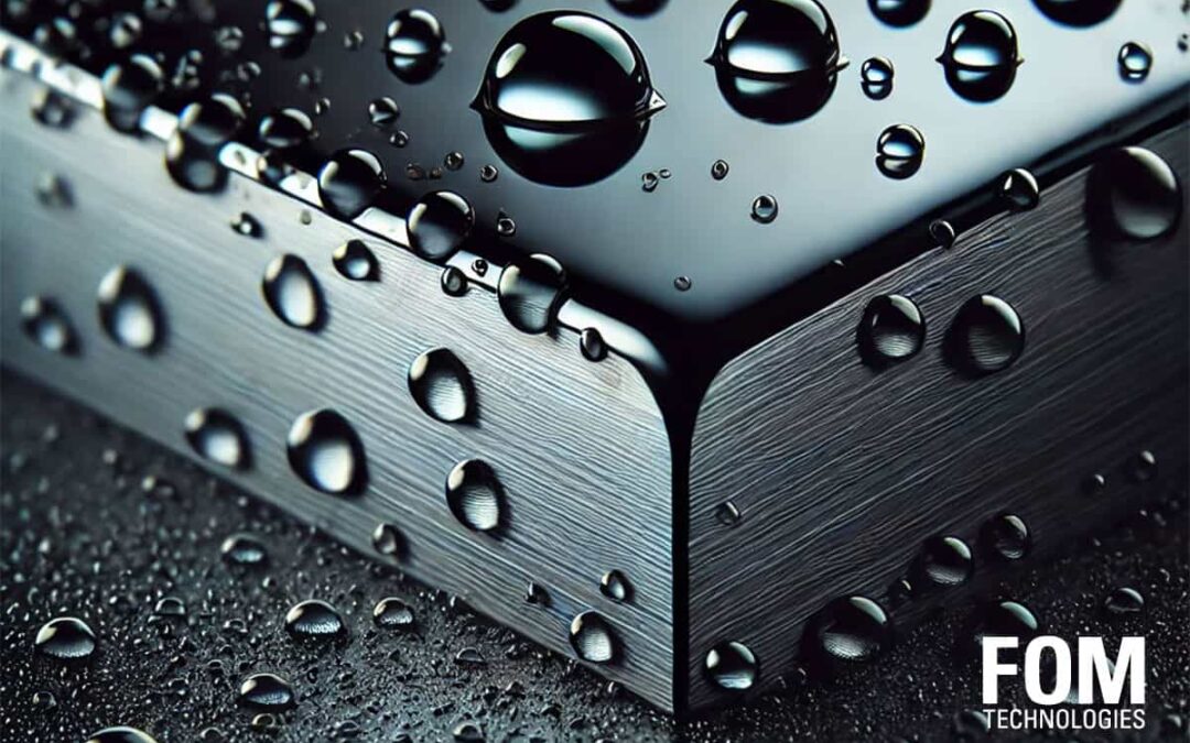 Close-up of water droplets on a metal surface, showcasing precision engineering.
